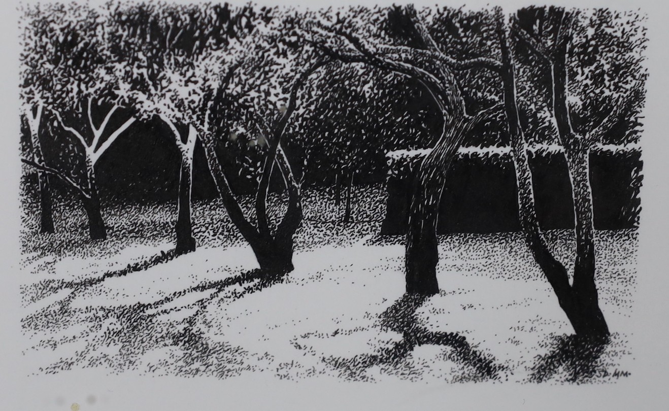 Simon Dorrell (1961-), pen and ink, 'In the orchard', Year 2000 Glyndebourne receipt verso, 7 x 10cm